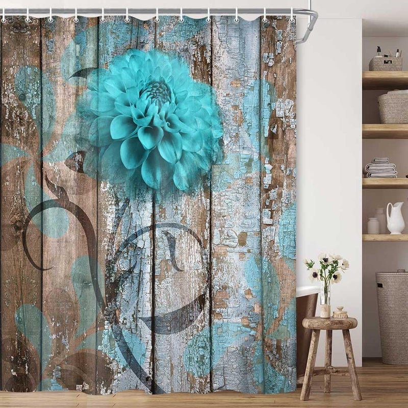 JAWO Farmhouse Flower Floral Shower Curtain, Rustic Teal Turquoise Dahlia Shower Curtain Set, Country Blue Wild Garden Plant Fabric Shower Curtain with Hooks, Surreal Bathroom Curtain, 69x70inch - Image 1